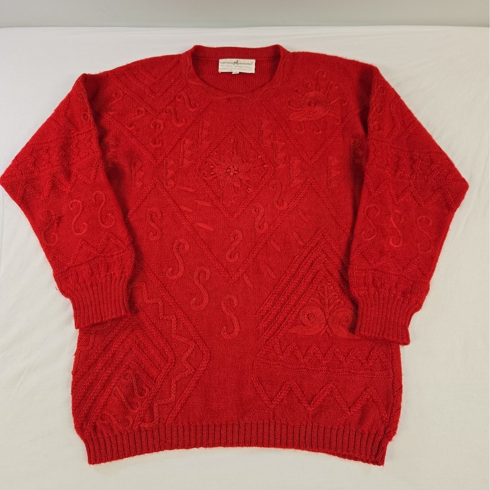 Vintage 80s Peruvian Connection Red 100% Alpaca Geometric Knit Sweater Size Med